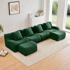 U-Shaped Boneless Sofa,Teddy Fabric No assembly required Curved armrest,Anti-slip Design,Streamlined Design 32D High Density Sponge,Full Compression Vacuum Packag,For Studies living Rooms,Green