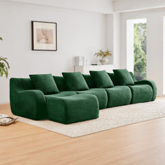 L-Shaped 4-Seat Boneless Sofa,Teddy Fabric No Assembly Required Curved Armrest,Anti-slip Design, Assembly Chaise,32D High Density Sponge Full Compression Vacuum Packag,For Studies living Rooms,Green