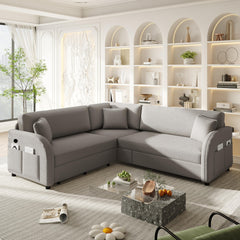 85.1" L-Shaped Sofa Couch with Pull-Out Bed,Oversize Convertible Sleeper Sofa with side Pocket & USB Port,Teddy Upholstered Sectional Couches, for Living Room, Apartment, Office,Light Grey