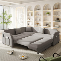 85.1" L-Shaped Sofa Couch with Pull-Out Bed,Oversize Convertible Sleeper Sofa with side Pocket & USB Port,Teddy Upholstered Sectional Couches, for Living Room, Apartment, Office,Light Grey