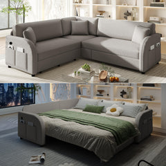 85.1" L-Shaped Sofa Couch with Pull-Out Bed,Oversize Convertible Sleeper Sofa with side Pocket & USB Port,Teddy Upholstered Sectional Couches, for Living Room, Apartment, Office,Light Grey
