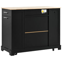 K&K Fluted Kitchen Island with Trash Can Storage Cabinet, Power Outlet, Internal Storage Rack, Rolling Kitchen Islands on 5 Wheels with 3 Drawer, 3 Open Side Racks for 10 Gallon Garbage Bin, Black