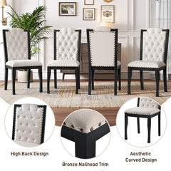 Upholstered Dining Chairs Set of 4, High Back Diamond Button Tufted Kitchen Chairs with Solid Wood Legs and Nailhead Trims for Dining Room, Living Room, Restaurant, Biege+Black