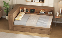 Full Size Wood Daybed with Storage Shelves, USB, LED, and 2 Drawers, Antique Wood Color