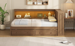Full Size Wood Daybed with Storage Shelves, USB, LED, and 2 Drawers, Antique Wood Color