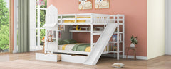 Full-Over-Full Castle Style Bunk Bed with 2 Drawers 3 Shelves and Slide - White