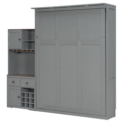 Queen Size Murphy Bed with Storage Cabinet, Wine Rack, Glass Holder, Drawers and Multi-Color LED Strip, Gray