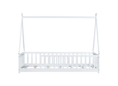 Twin Tent-shaped Floor Bed,Teepee Bed with Guardrails,Slats,White