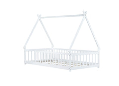 Twin Tent-shaped Floor Bed,Teepee Bed with Guardrails,Slats,White