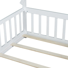 Twin Tent-shaped Floor Bed,Teepee Bed with Guardrails,Slats,White