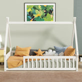 Twin Tent-shaped Floor Bed,Teepee Bed with Guardrails,Slats,White