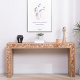 Rustic Wood Console Table with Natural Log Accents – 62" Entryway Table, Narrow Sofa Table, Hallway Accent Table – Modern Farmhouse Style