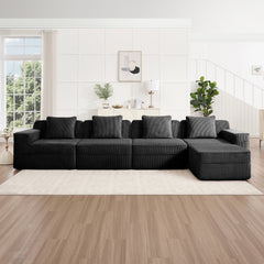 Modular 4 Seat L Shape Sectional Boneless Sofa, Cloud Sectional Couch with Deep Seat, Modern Modular 4-Seat Sofa Couch with Throw Pillows and 1 Movable Ottoman, Corduroy Fabric Black