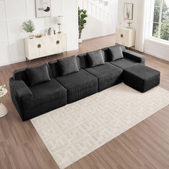 Modular 4 Seat L Shape Sectional Boneless Sofa, Cloud Sectional Couch with Deep Seat, Modern Modular 4-Seat Sofa Couch with Throw Pillows and 1 Movable Ottoman, Corduroy Fabric Black