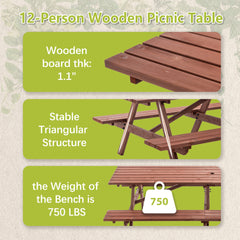 Extra Large 95-Inch Outdoor Picnic Table Set with Benches, 12-Person Wooden Patio Table with Umbrella Hole, Rustic Brown Garden Furniture for Backyard, 240cm