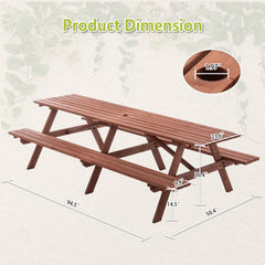 Extra Large 95-Inch Outdoor Picnic Table Set with Benches, 12-Person Wooden Patio Table with Umbrella Hole, Rustic Brown Garden Furniture for Backyard, 240cm