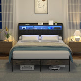Queen Bed Frame, Ergonomic Headboard with Multi-Space Storage, Bedframe with Charging Station RGB LED Lights