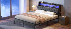 Queen Bed Frame, Ergonomic Headboard with Multi-Space Storage, Bedframe with Charging Station RGB LED Lights