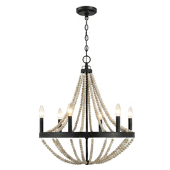 Starry Wood Chandelier Farmhouse Six Candle Light Wood Beaded Black Pendant Light for Dining Room