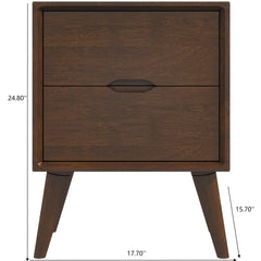 Alexandra Mid-Century Modern Night Stand with 2 Drawers in Walnut Brown Solid Wood 24.8"H x 17.7"W x 15.7"D