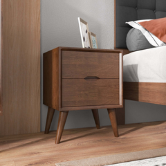 Alexandra Mid-Century Modern Night Stand with 2 Drawers in Walnut Brown Solid Wood 24.8"H x 17.7"W x 15.7"D
