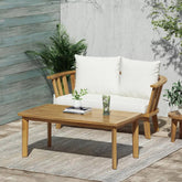 2 - Person Outdoor Acacia Wood Patio Seating Group with Cushions and Coffee Table for Porch, Garden, Backyard, Balcony, Teak Finish, White
