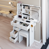 29.2 inch Small Size Drawer Desktop Vanity Table + Cushioned Stool, 2 AC+2 USB Power Station, Hair dryer bracket, Extra Large Touch Control Sliding LED Mirror, 3-color Switching, EPA, GCC, UL Certificate
