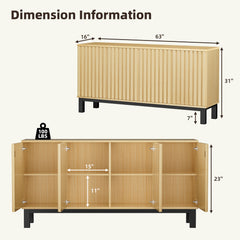 Sideboard Storage Cabinet, Fluted Credenza Buffet Cabinet with Doors and Shelves for Kitchen and Living Room, Walnut