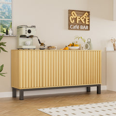 Sideboard Storage Cabinet, Fluted Credenza Buffet Cabinet with Doors and Shelves for Kitchen and Living Room, Walnut