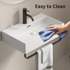 White Vessel Sink, Small Vessel Sink for Bathrooms with Towel Rack, Small Wall Mount Bathroom Sink with Faucet Hole