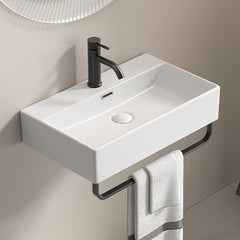 White Vessel Sink, Small Vessel Sink for Bathrooms with Towel Rack, Small Wall Mount Bathroom Sink with Faucet Hole