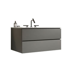 TIA 36" Wall Mount Space Grey Bathroom Vanity with Ceramic Sink with Three Faucet Holes, Large Storage Floating Bathroom Vanity for Modern Bathroom, Pre-assembled