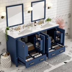 60" Blue Bathroom Vanity Set with Double Vanities (Separate), Double Ceramic Sinks, Storage Shelf, and Divided Drawers (Mirror not included)– Modern Bathroom Solution for Spacious Bathrooms