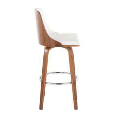 Gianna Mid-Century Modern Fixed-Height Barstool with Swivel in Walnut Wood and White Faux Leather with Round Chrome Metal Footrest by LumiSource - Set of 2