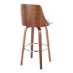 Gianna Mid-Century Modern Fixed-Height Barstool with Swivel in Walnut Wood and White Faux Leather with Round Chrome Metal Footrest by LumiSource - Set of 2