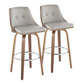 Gianna Mid-Century Modern Fixed-Height Barstool with Swivel in Walnut Wood and Light Grey Faux Leather with Round Chrome Metal Footrest by LumiSource - Set of 2