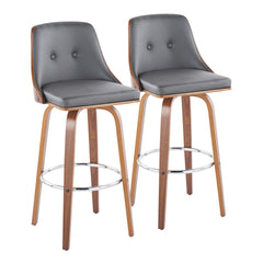 Gianna Mid-Century Modern Fixed-Height Barstool with Swivel in Walnut Wood and Grey Faux Leather with Round Chrome Metal Footrest by LumiSource - Set of 2