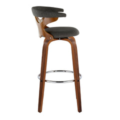 Gardenia 30" Mid-Century Modern Fixed-Height Barstool with Swivel in Walnut Wood and Charcoal Fabric with Round Chrome Metal Footrest by LumiSource - Set of 2