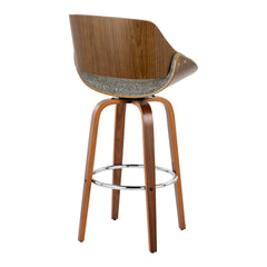 Fabrizzi 30" Mid-Century Modern Fixed-Height Barstool with Swivel in Walnut Wood and Noise Grey Fabric with Round Chrome Metal Footrest by LumiSource - Set of 2