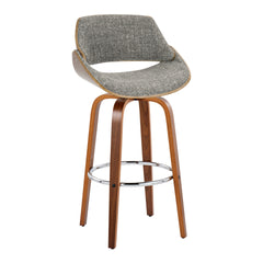 Fabrizzi 30" Mid-Century Modern Fixed-Height Barstool with Swivel in Walnut Wood and Noise Grey Fabric with Round Chrome Metal Footrest by LumiSource - Set of 2