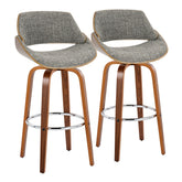 Fabrizzi 30" Mid-Century Modern Fixed-Height Barstool with Swivel in Walnut Wood and Noise Grey Fabric with Round Chrome Metal Footrest by LumiSource - Set of 2