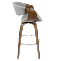 Curvini 30" Mid-Century Modern Fixed Height Barstool with Swivel in Walnut Wood and Grey Fabric by LumiSource - Set of 2