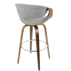 Curvini 30" Mid-Century Modern Fixed Height Barstool with Swivel in Walnut Wood and Grey Fabric by LumiSource - Set of 2