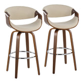 Curvini 30" Mid-Century Modern Fixed Height Barstool with Swivel in Walnut Wood and Cream Fabric by LumiSource - Set of 2
