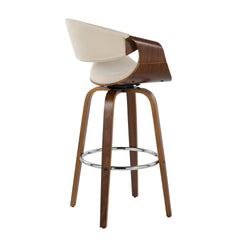 Curvini 30" Mid-Century Modern Fixed Height Barstool with Swivel in Walnut Wood and Cream Fabric by LumiSource - Set of 2