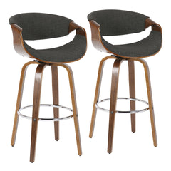 Curvini Mid-Century Modern Barstool in Walnut Wood and Charcoal Fabric by LumiSource - Set of 2