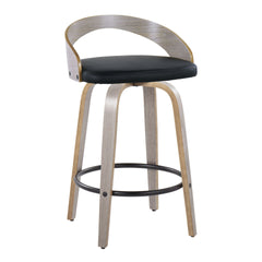 Grotto 26" Contemporary Fixed-Height Counter Stool with Swivel in Light Grey Wood and Black Faux Leather with Round Black Metal Footrest by LumiSource - Set of 2