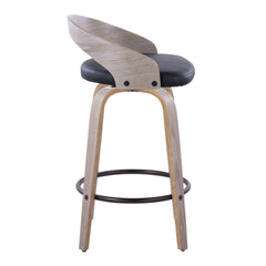 Grotto 26" Contemporary Fixed-Height Counter Stool with Swivel in Light Grey Wood and Black Faux Leather with Round Black Metal Footrest by LumiSource - Set of 2