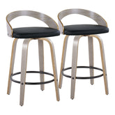 Grotto 26" Contemporary Fixed-Height Counter Stool with Swivel in Light Grey Wood and Black Faux Leather with Round Black Metal Footrest by LumiSource - Set of 2