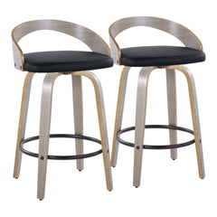Grotto 26" Contemporary Fixed-Height Counter Stool with Swivel in Light Grey Wood and Black Faux Leather with Round Black Metal Footrest by LumiSource - Set of 2